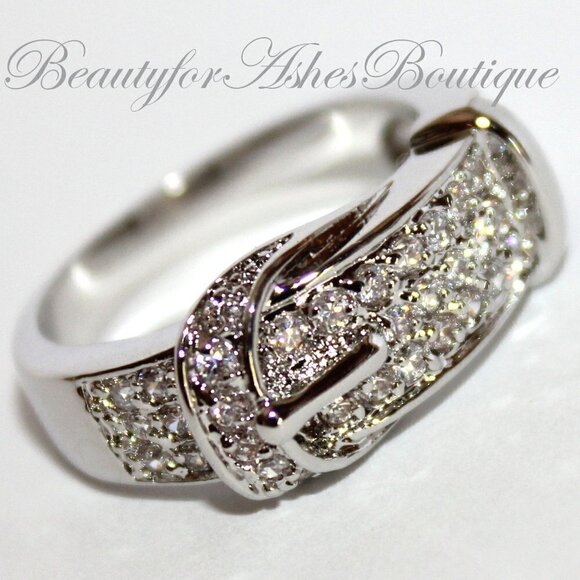 Beautiful Belt of Truth Silver Pave Cubic Zirconia Pave Cz Buckle Band Ring Sz 8 - Picture 1 of 5